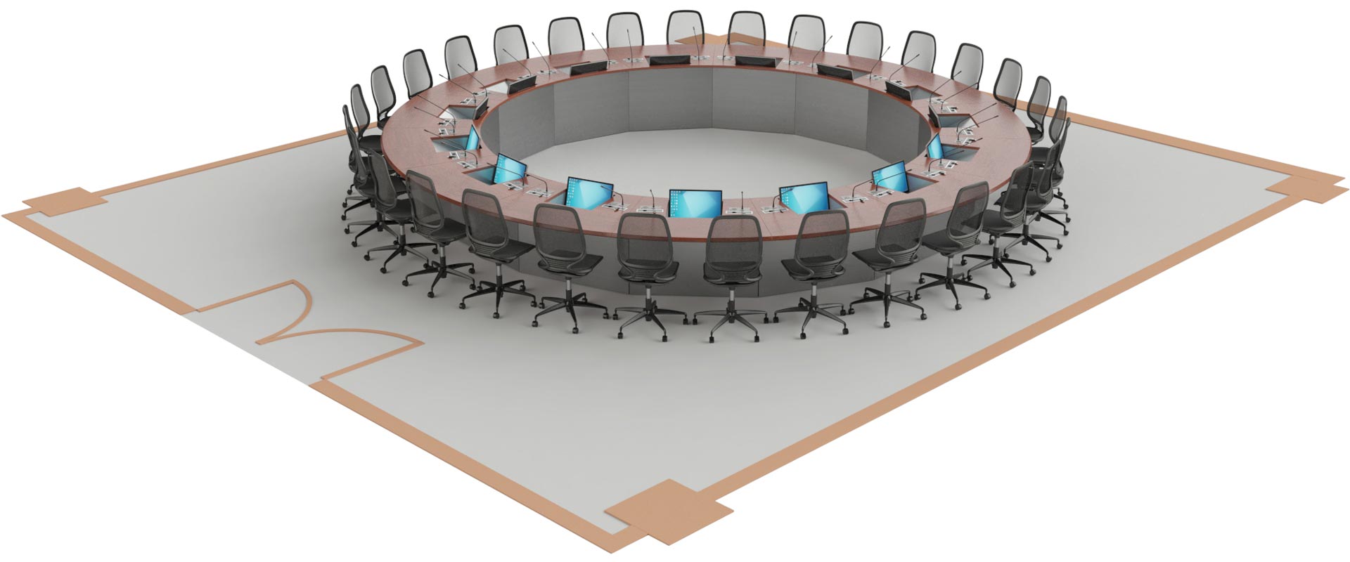 Table de conférence avec micros et écrans escamotables